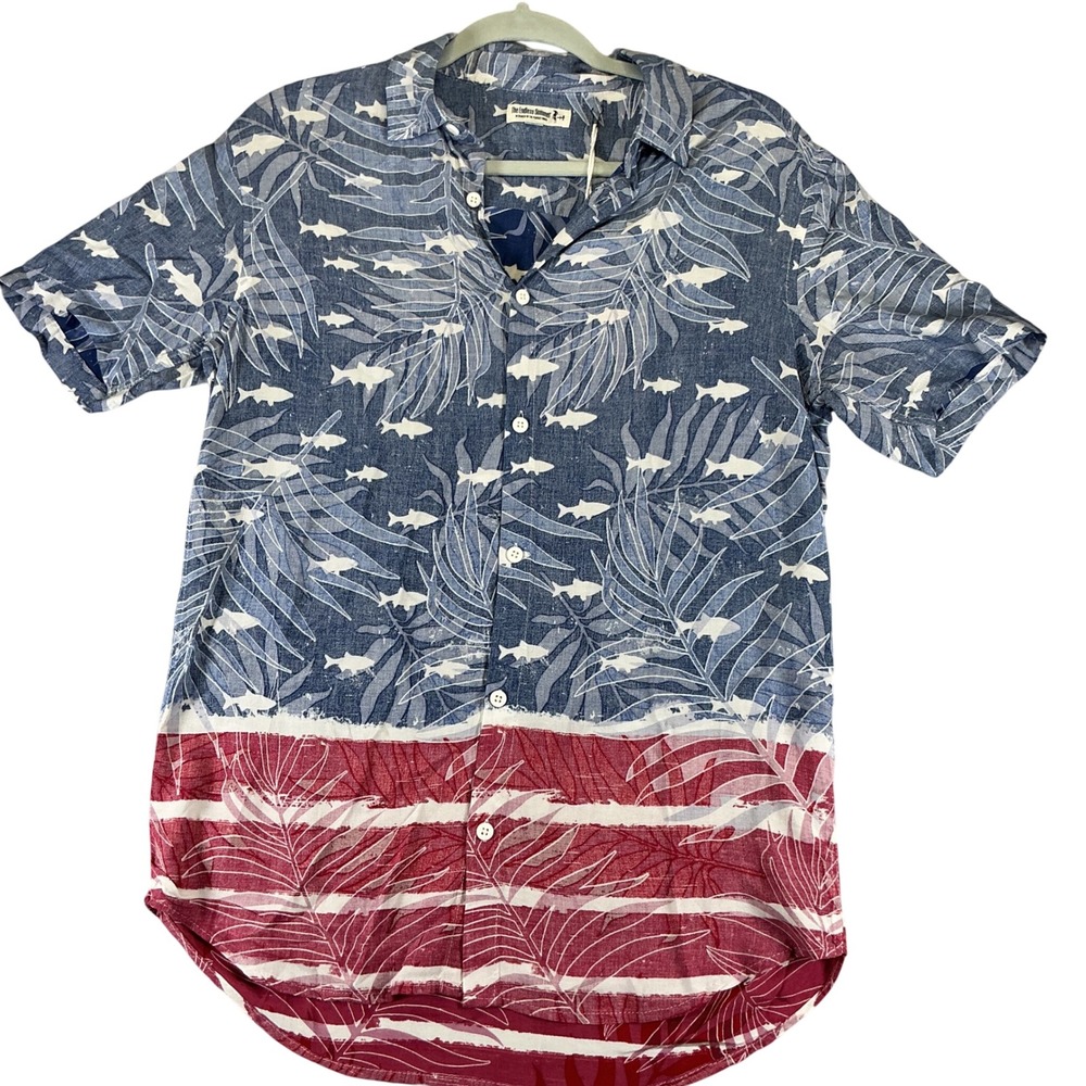 The Endless Summer Mens SM Blue Red Tropical Fish Rayon Button‎ Up Aloha Shirt